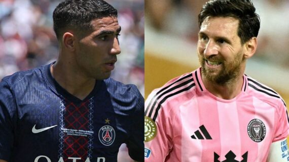 Hakimi, do Paris Saint-Germain, e Messi, do Inter Miami (foto: Harry How/Getty Images/AFP e PATRICIA DE MELO MOREIRA / AFP)